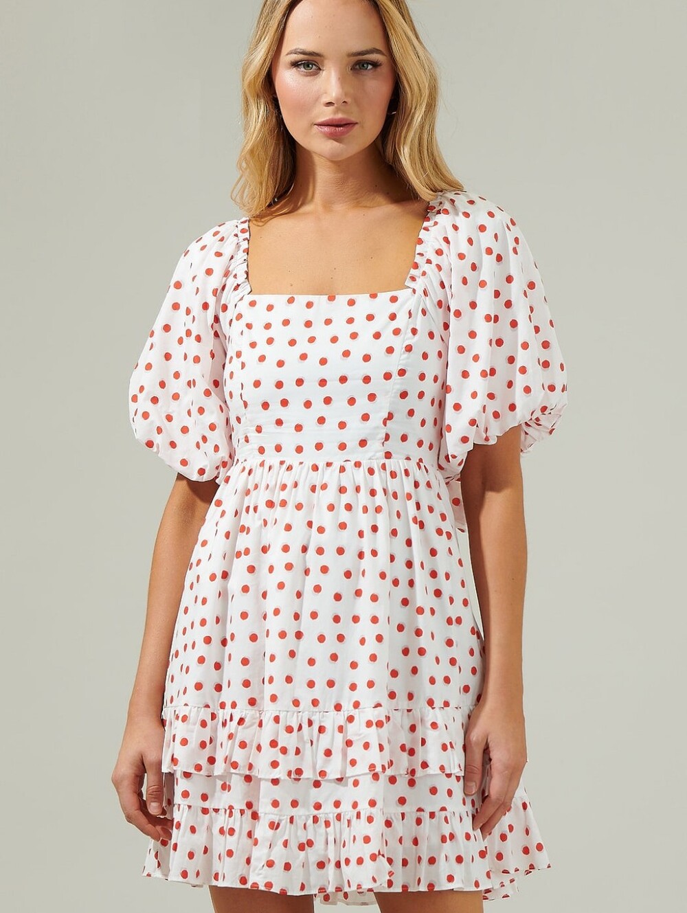 White & Red Polka Dot Puff Sleeve Mini Dress